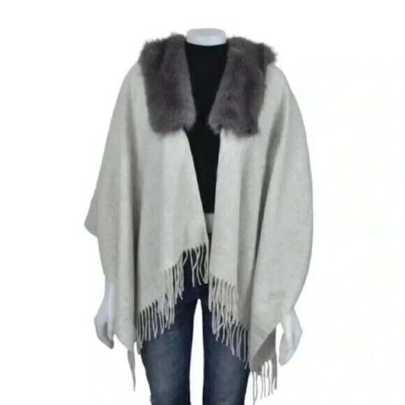 J.Crew Faux-Shearling  Wool Light Gray Poncho Cape One Size - Picture 7 of 9
